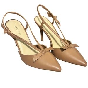 Nine West Tan Pointed Toe Slingback Pumps Bow T-Strap Stiletto Heels Size 8.5M